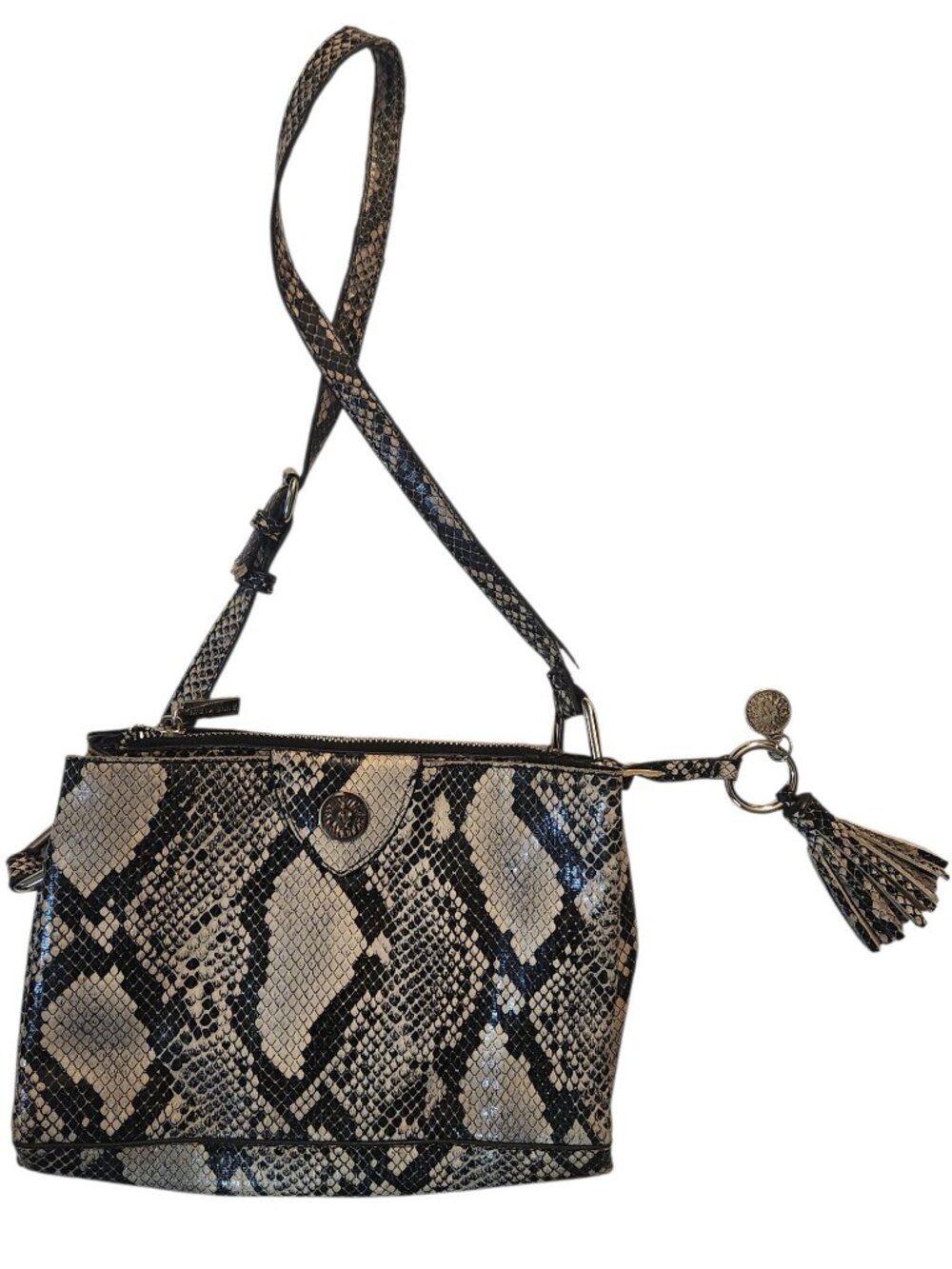 Anne Klein Faux Snakeskin Black Gray Crossbody Purse Adjustable Strap Tassle